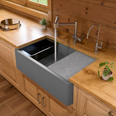 ALFI BRAND Titanium 33 inch Granite Composite Single Bowl Drop In Farm Sink with Accessories AB33FARM-T